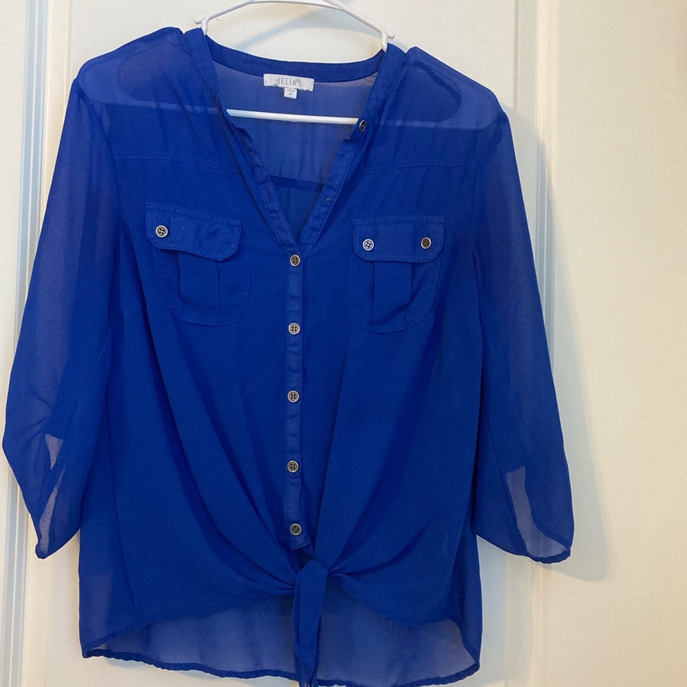 Blue Sheer Button-Up Blouse